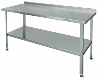 Cutting and production table with sides, solid shelf (p), perforated shelf with holes for draining water (pr)